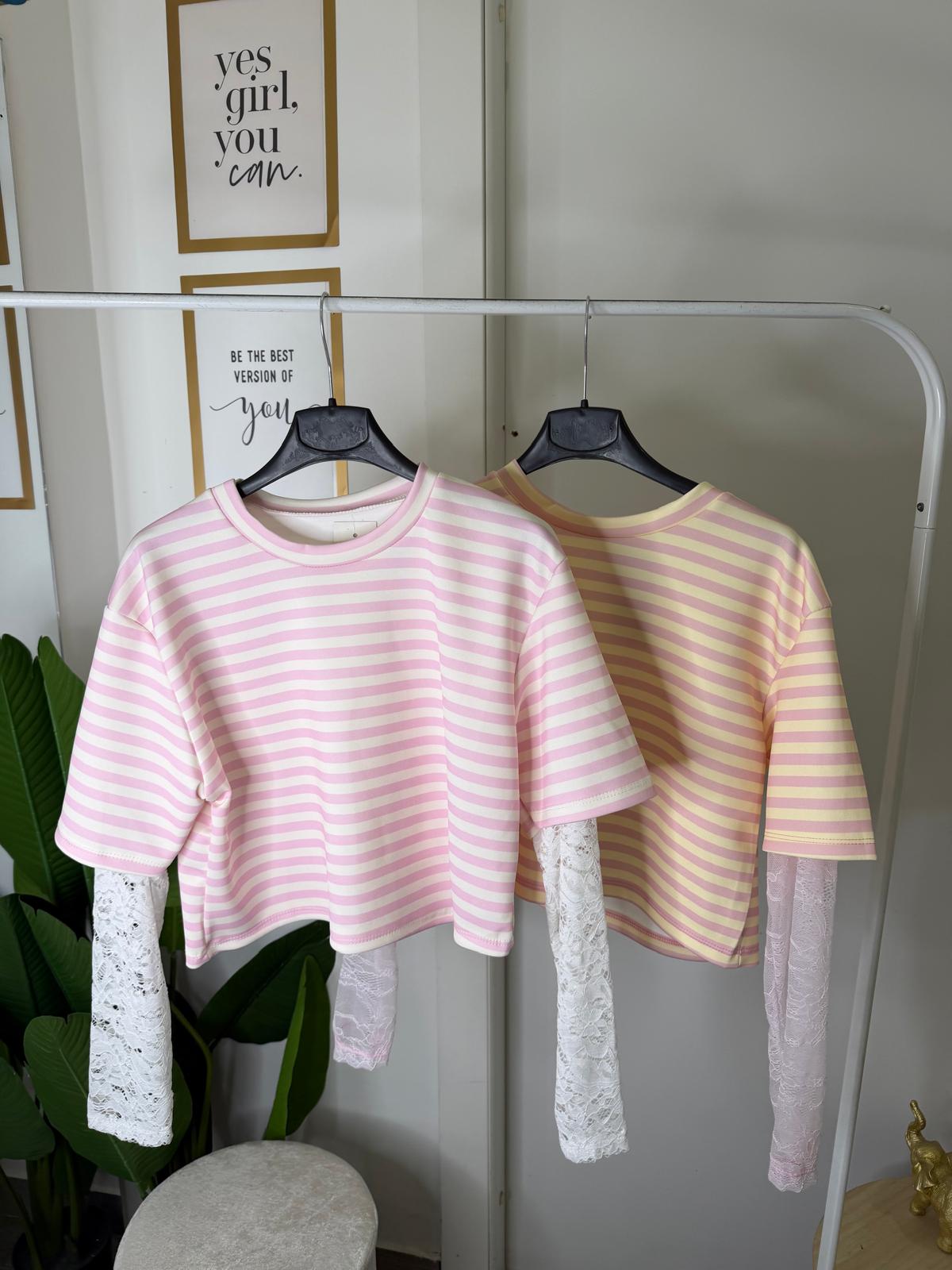 T-shirt crop righe pizzo 11859