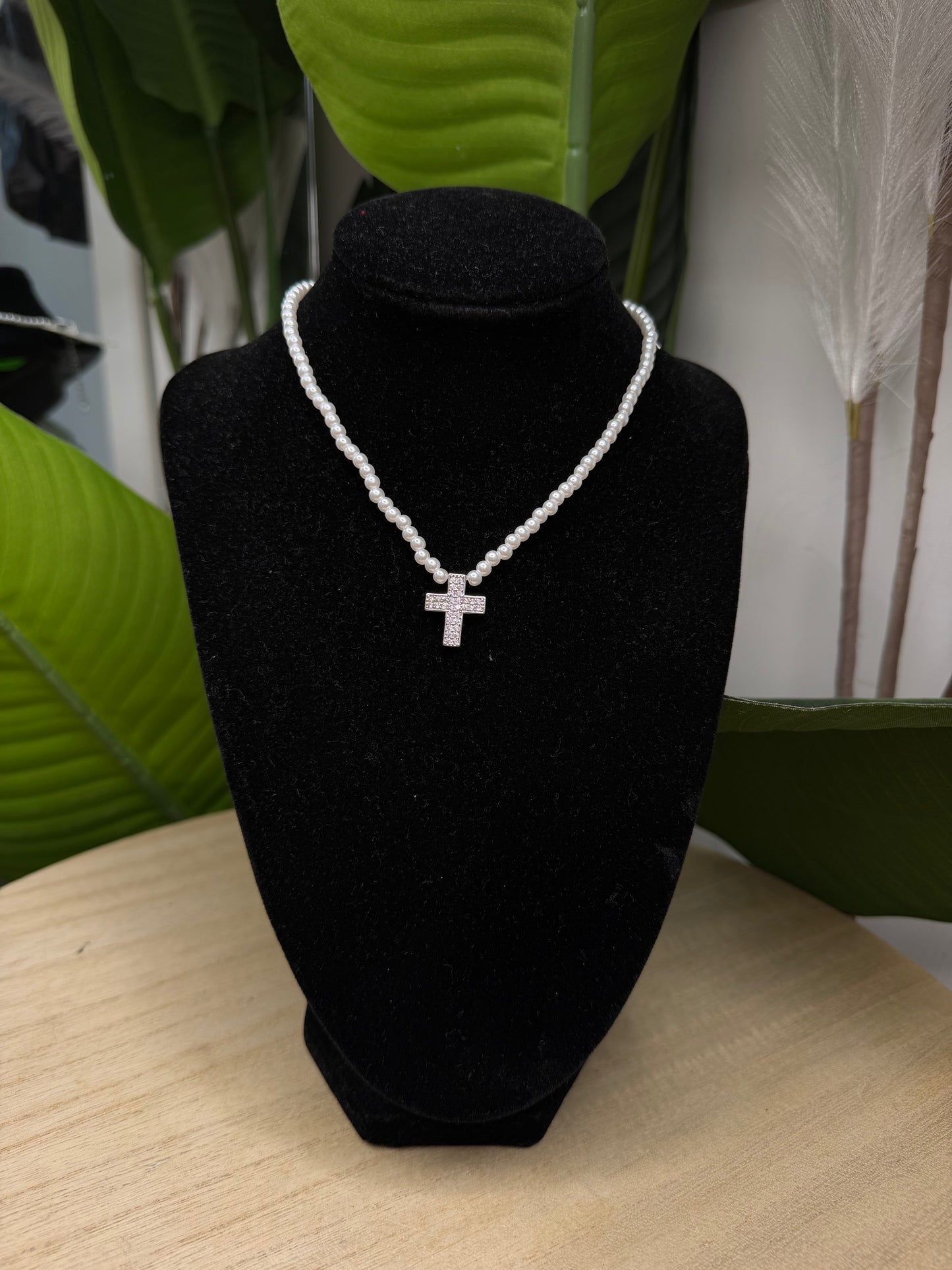 Collana perle silver croce strass
