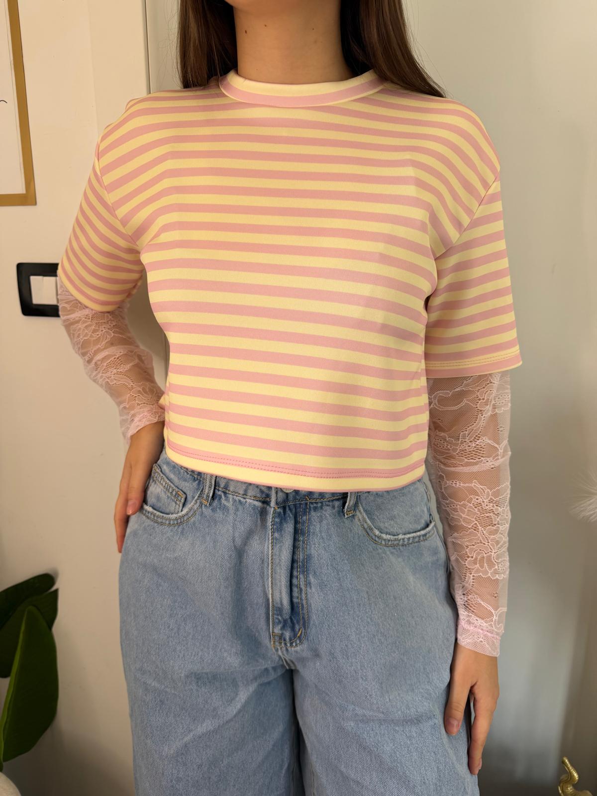 T-shirt crop righe pizzo 11859