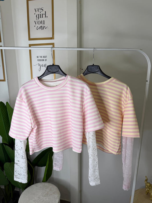 T-shirt crop righe pizzo 11859